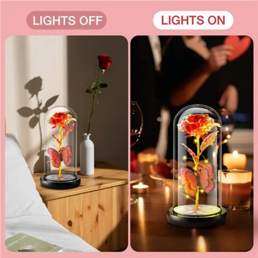 Mothers Day Gifts, Artificial Flowers Eternal Red Rose Butterfly Led